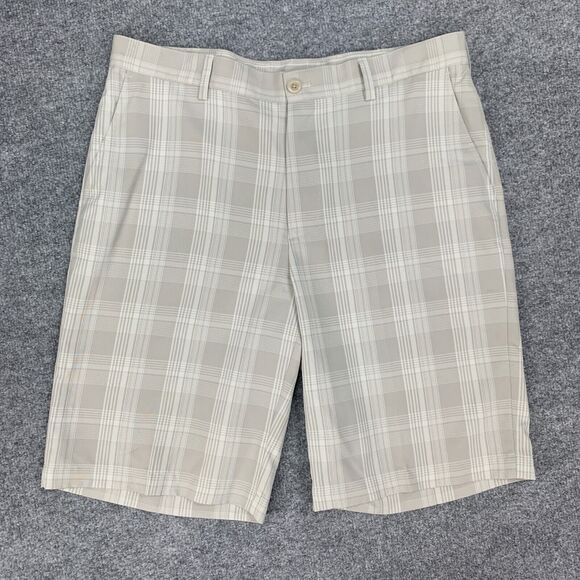 Izod Golf Shorts Mens 34 Stone Plaid Flat Front High Rise Quick Dry Performance - Picture 2 of 11